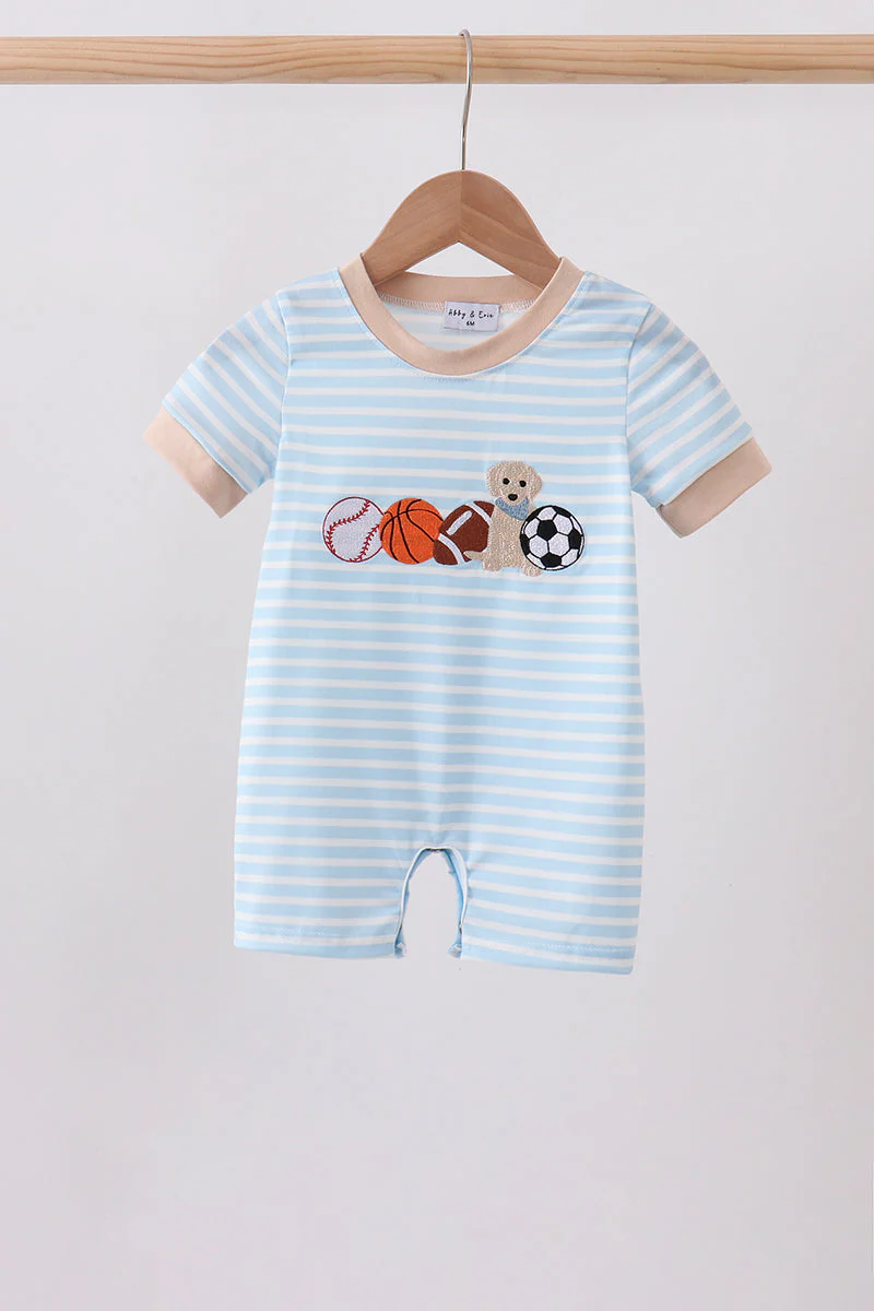 Blue Puppy Ball Embroidered Stripe Romper