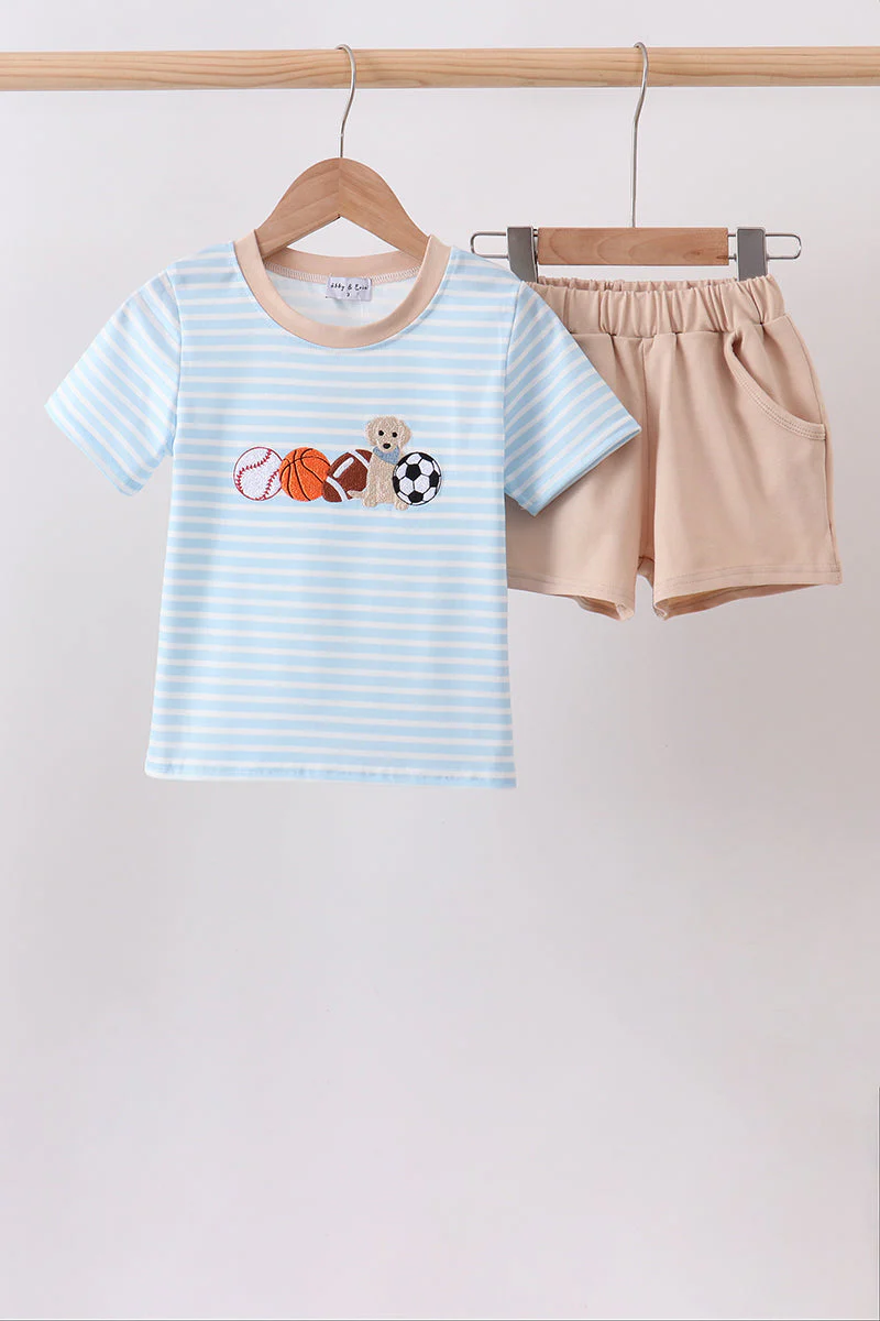 Blue Puppy Ball Embroidered Stripe Shorts Set