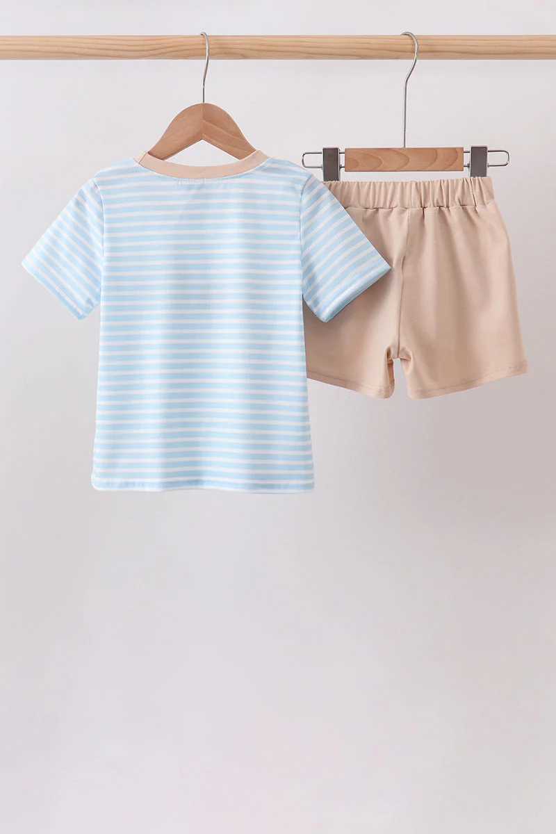 Blue Puppy Ball Embroidered Stripe Shorts Set - Image 2