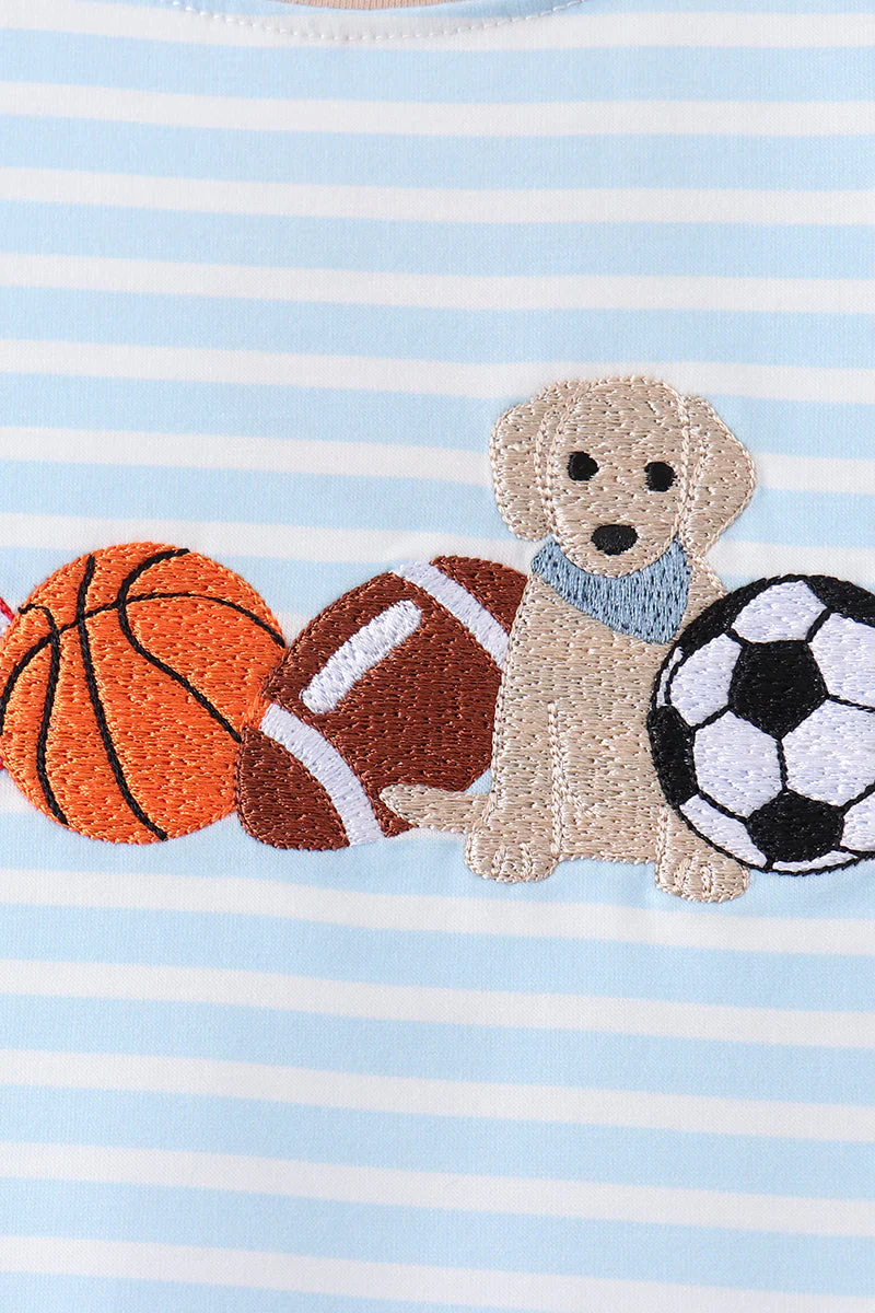 Blue Puppy Ball Embroidered Stripe Shorts Set - Image 4