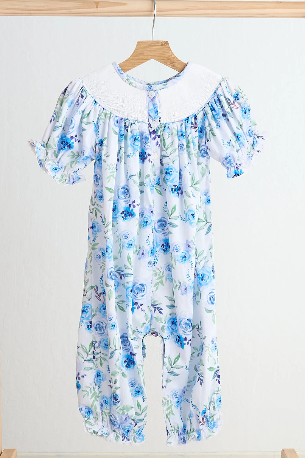 Blue rose hand smocked print girl romper - Image 4