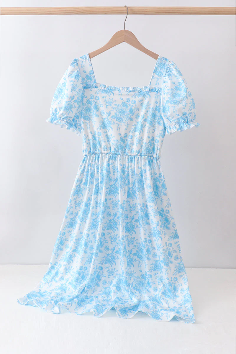 Blue rose print women dress