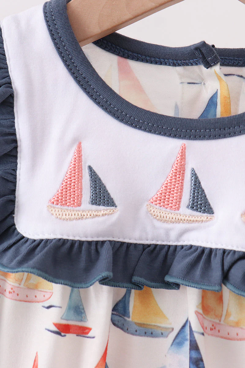 Blue Sailboat Embroidered Ruffle Bubble - Image 2