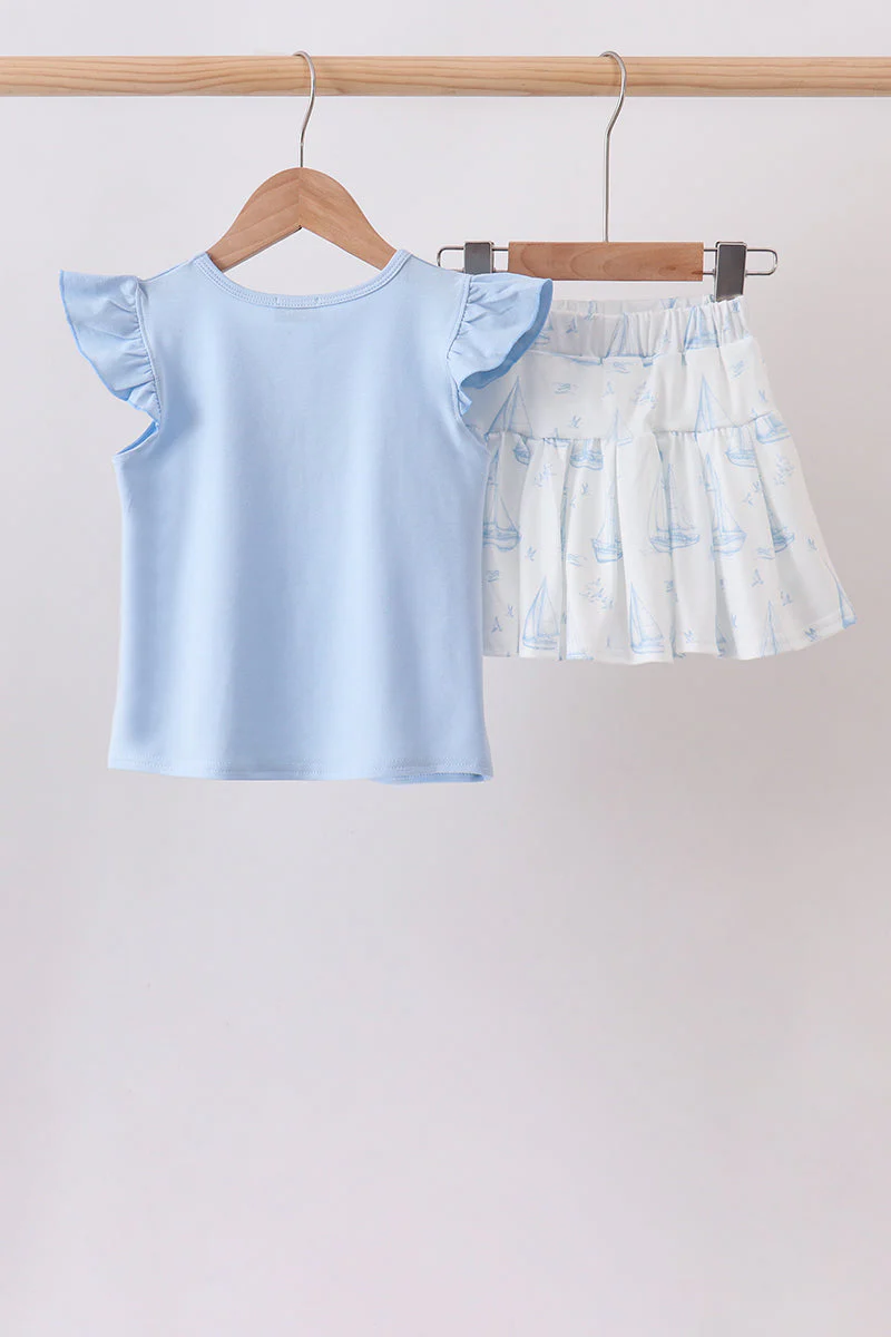 Blue Sailboat Embroidered Skorts Set - Image 2