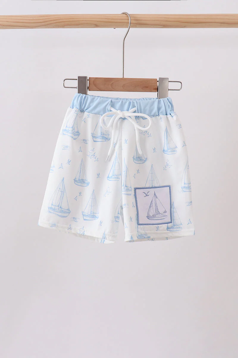 Blue Sailboat Embroidered Swim Trunks - Image 2