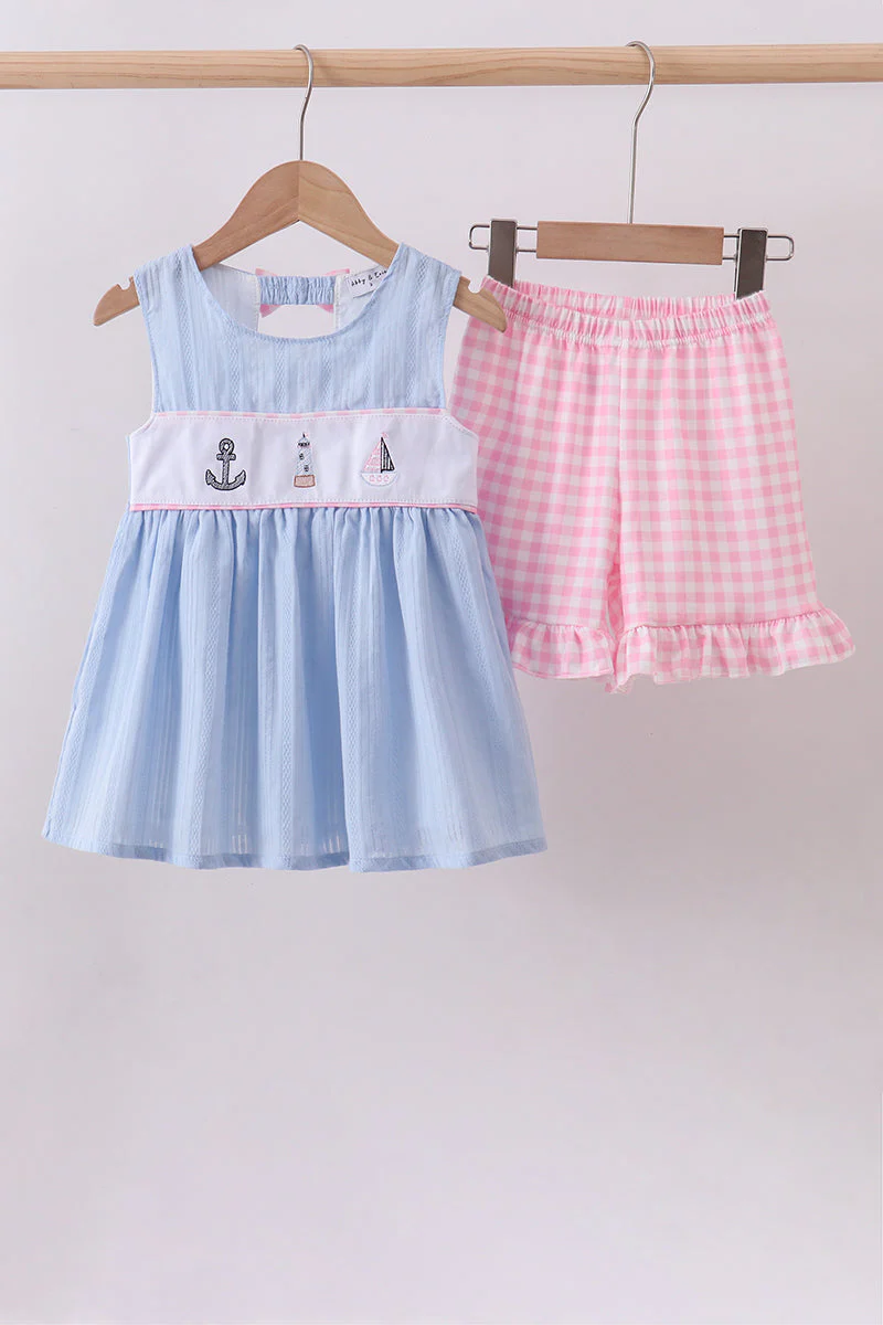 Blue sailboat embroidery jacquard shorts set