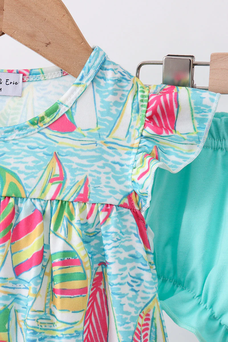 Blue sailboat print ruffle bloomer set - Image 2