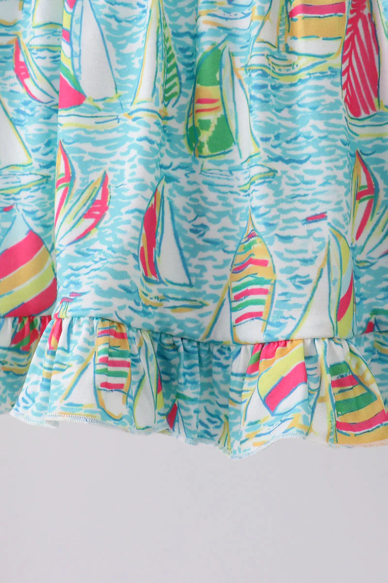 Blue sailboat print ruffle bloomer set - Image 3