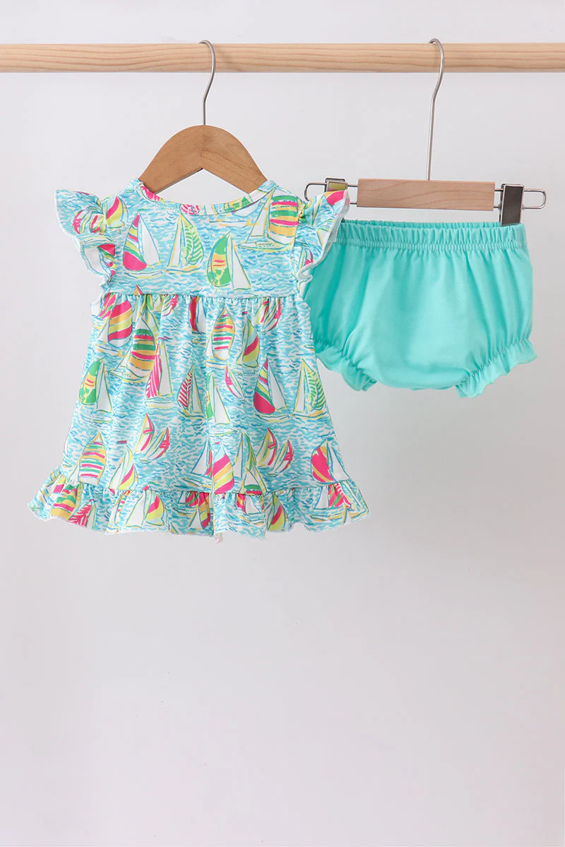 Blue sailboat print ruffle bloomer set - Image 5
