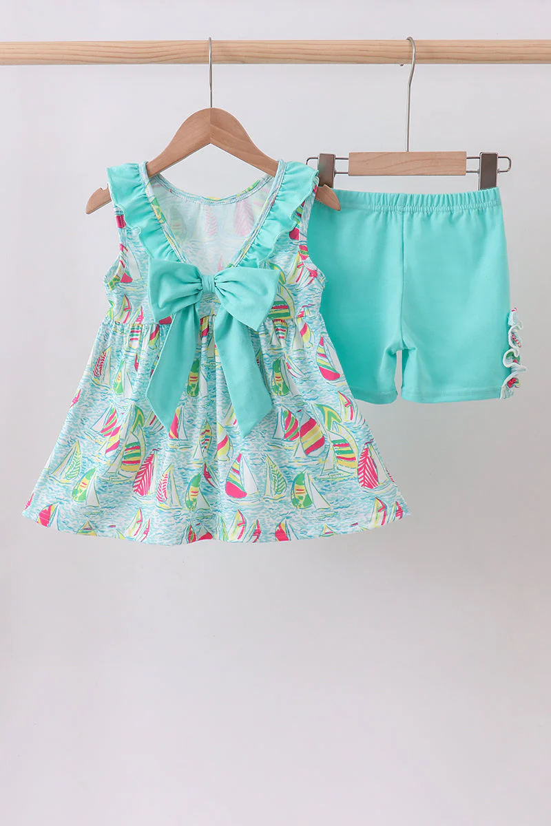 Blue sailboat print ruffle shorts set - Image 5