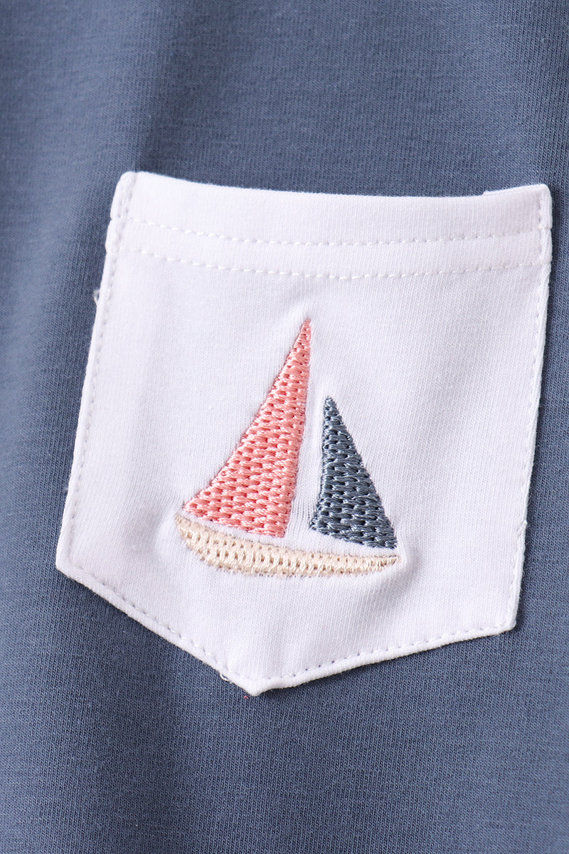 Blue Sailboat Print Shorts Set - Image 2