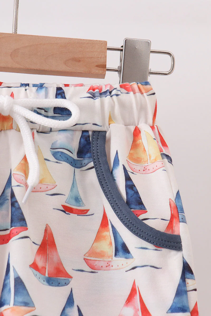 Blue Sailboat Print Shorts Set - Image 3