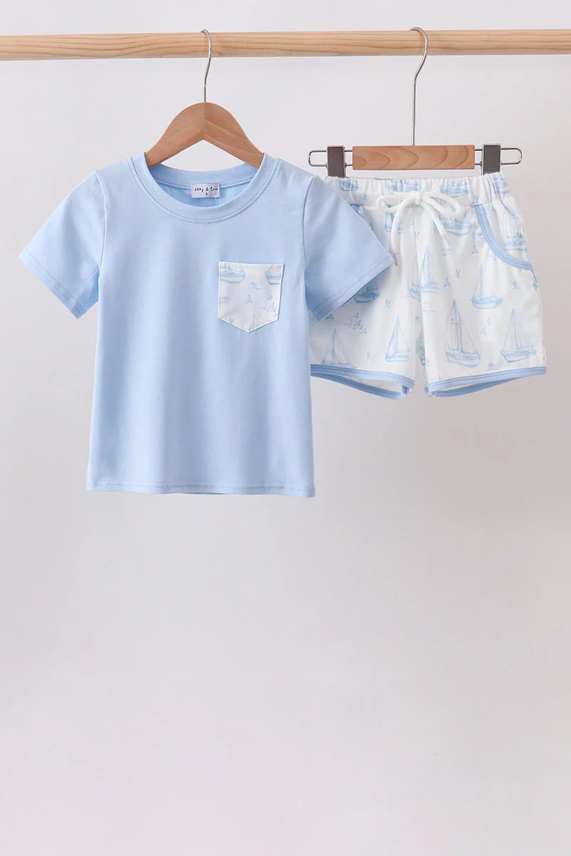 Blue Sailboat Shorts Set