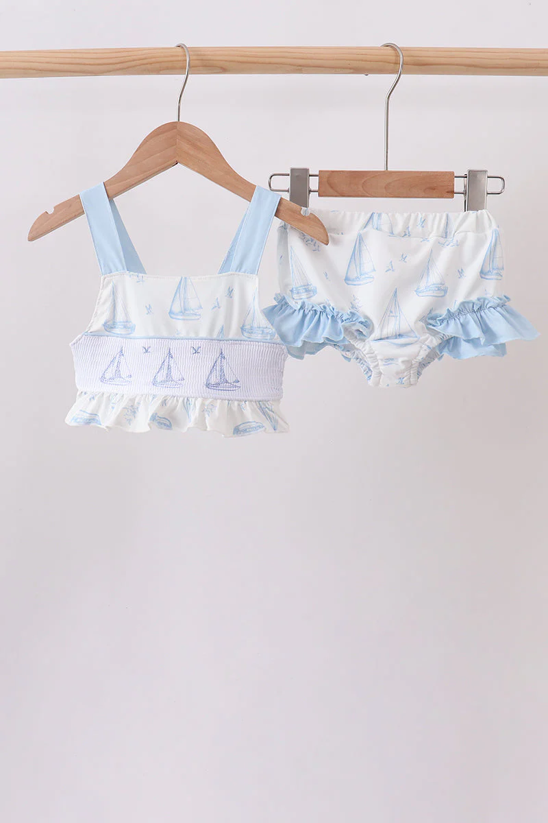 Blue Sailboat Smocked 2PC Swimsuit