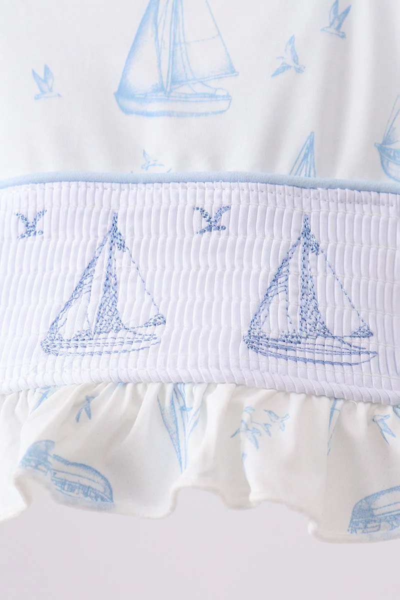Blue Sailboat Smocked 2PC Swimsuit - Image 3