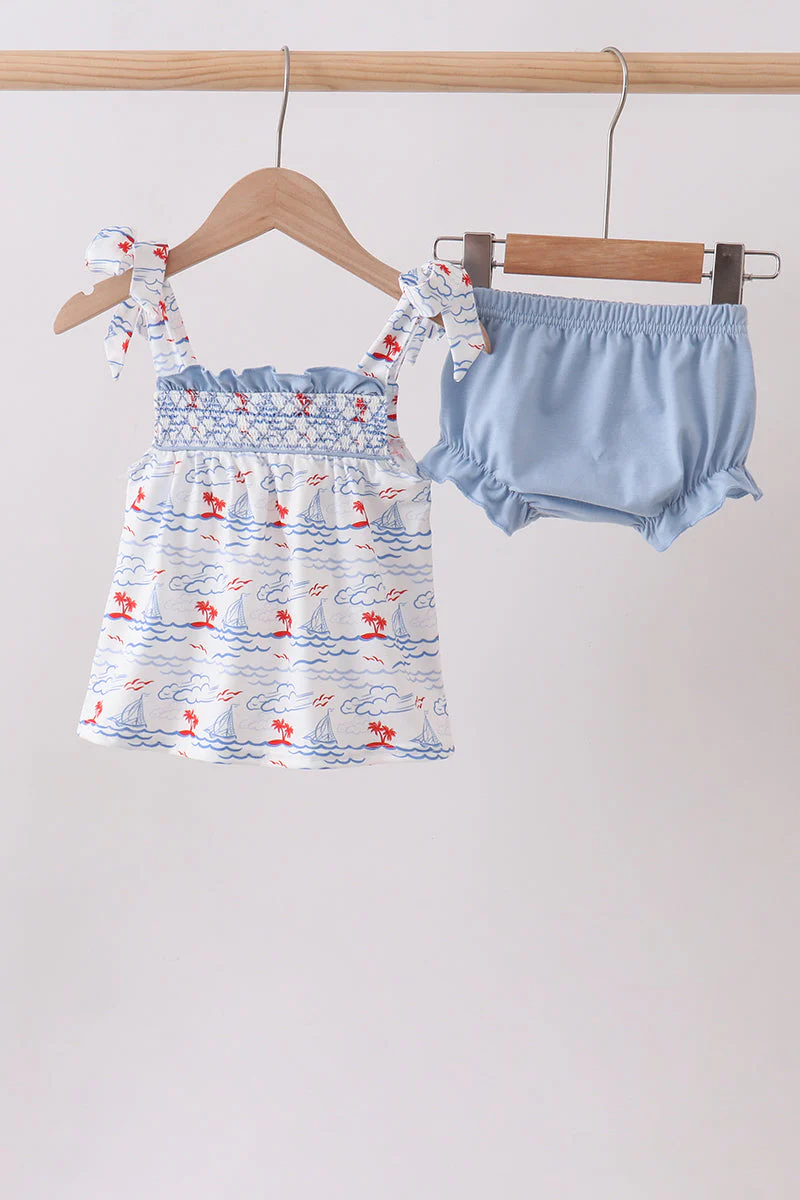 Blue Sailboat Smocked Bloomer Set
