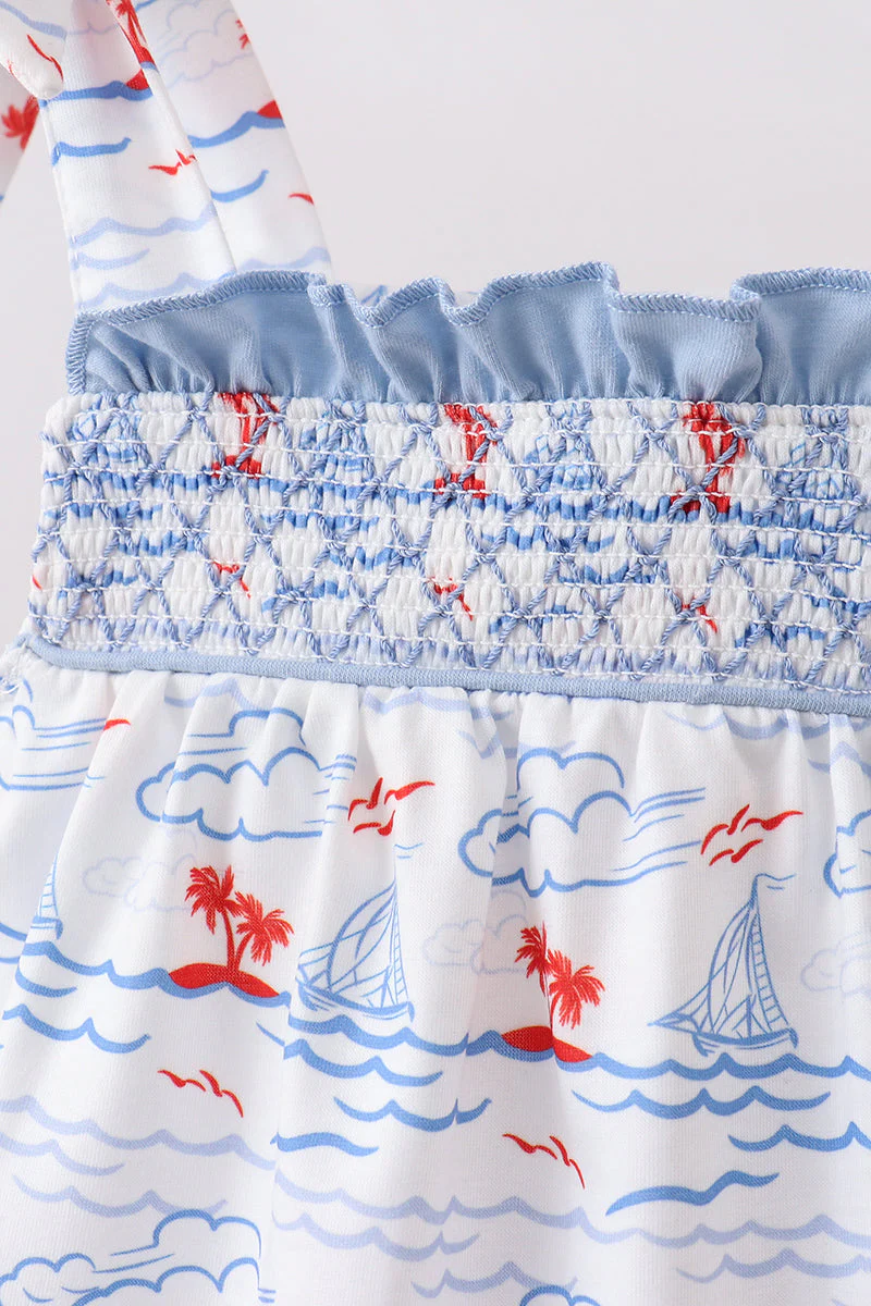 Blue Sailboat Smocked Bloomer Set - Image 2