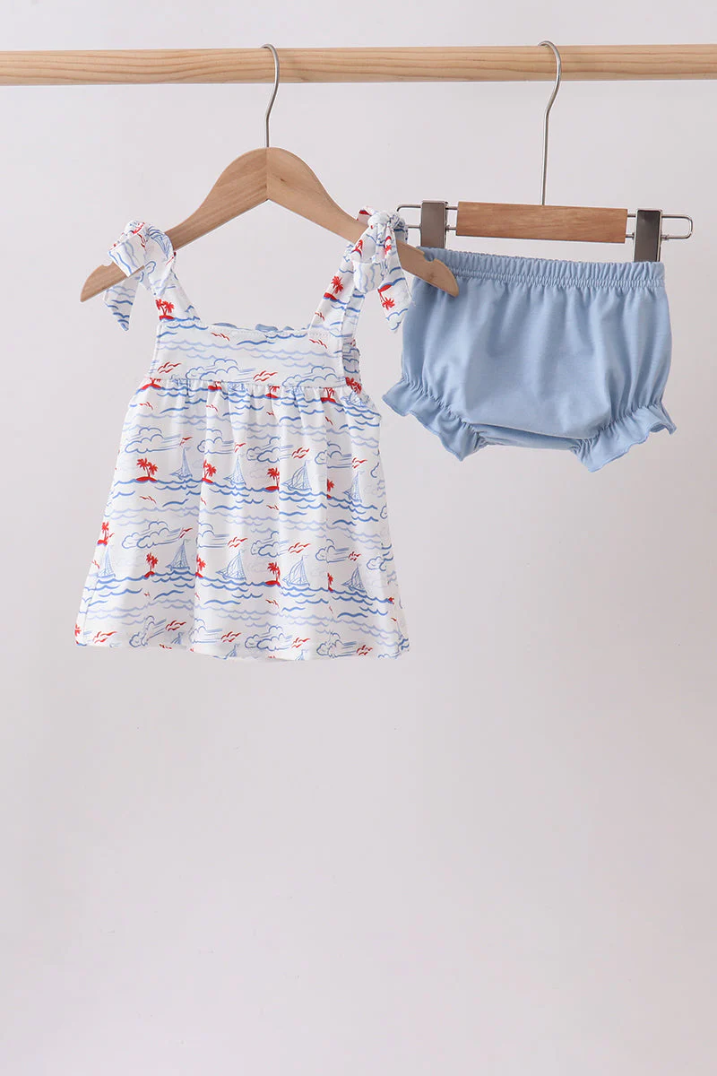 Blue Sailboat Smocked Bloomer Set - Image 4