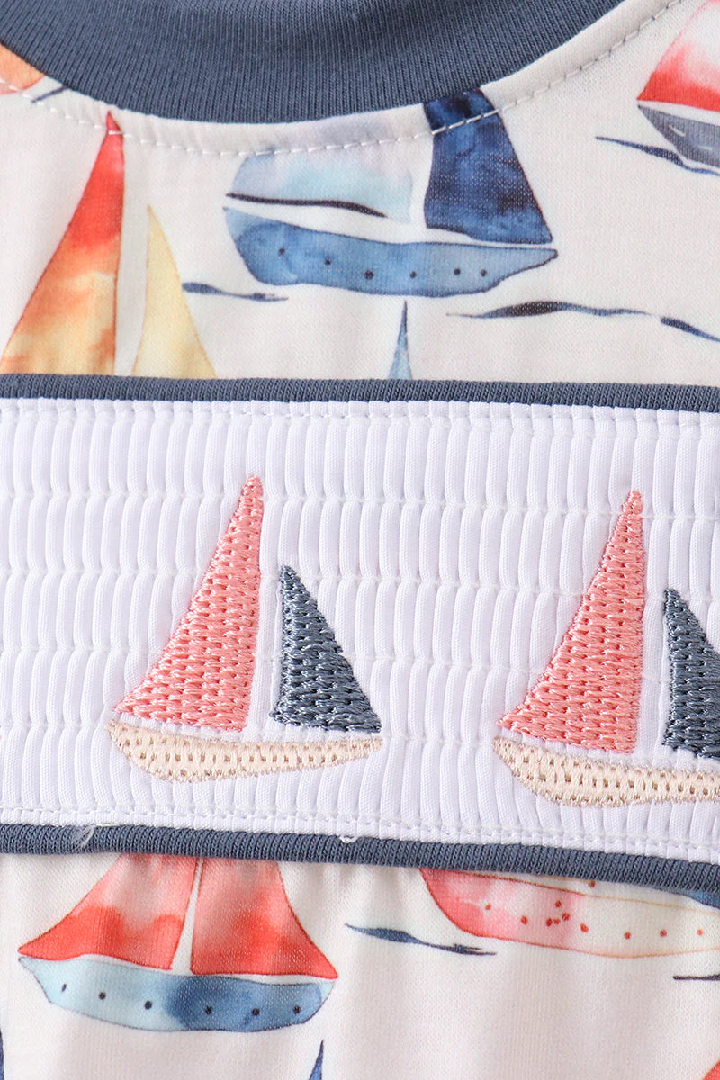 Blue Sailboat Smocked Bubble - Image 2