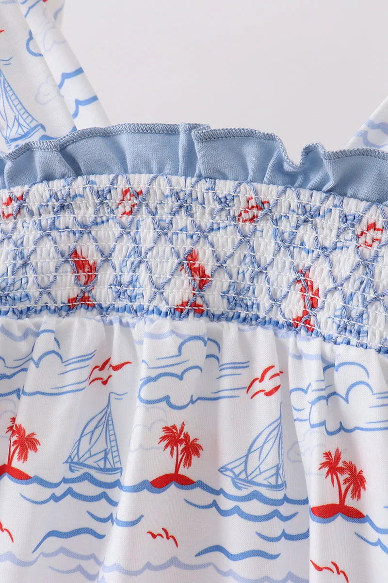 Blue Sailboat Smocked Bubble - Image 2