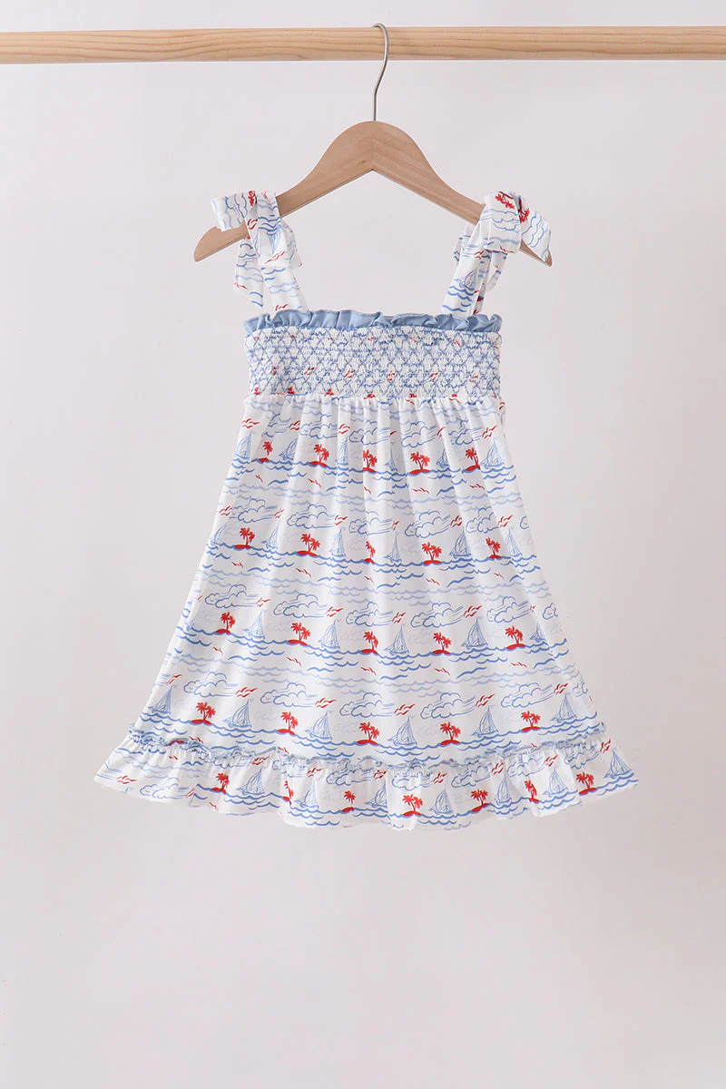 Blue Sailboat Smocked Dress - Image 4