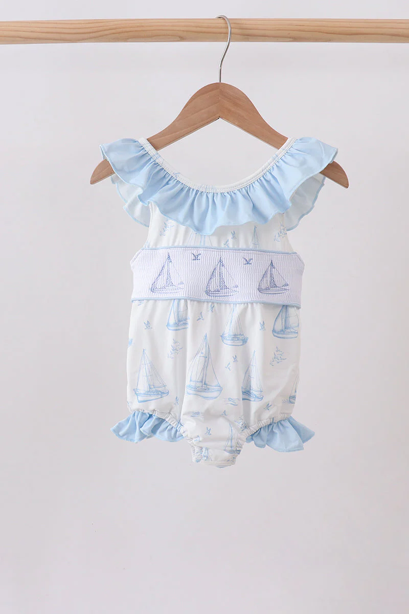 Blue Sailboat Smocked One-Piece Swimsuit