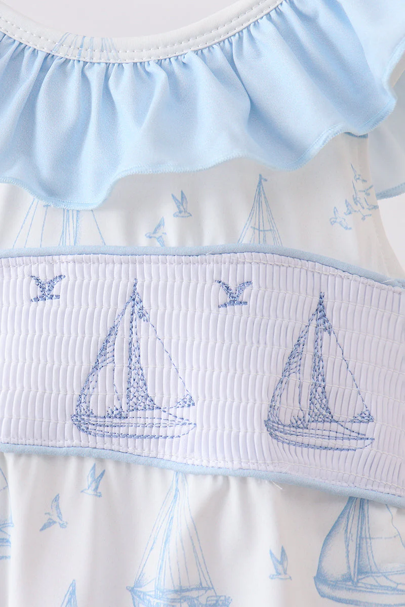 Blue Sailboat Smocked One-Piece Swimsuit - Image 5
