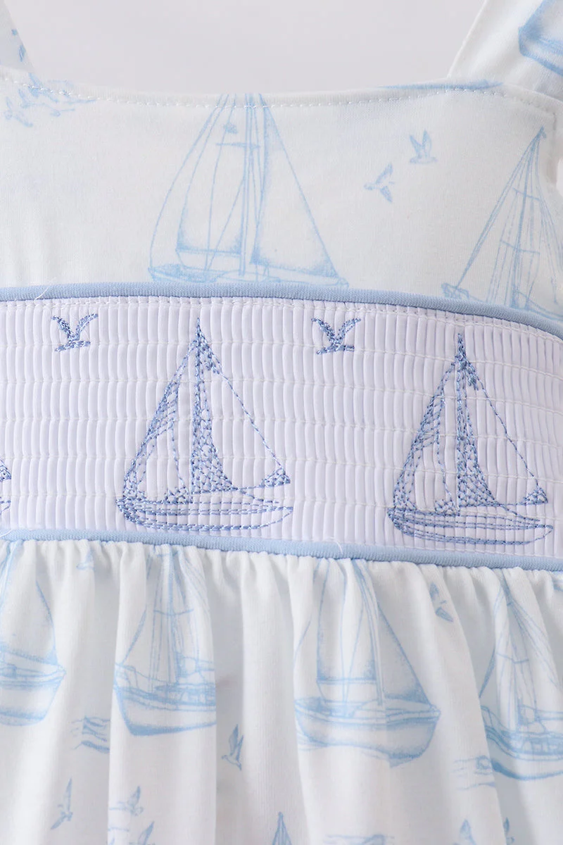 Blue Sailboat Smocked Ruffle Dress - Image 5