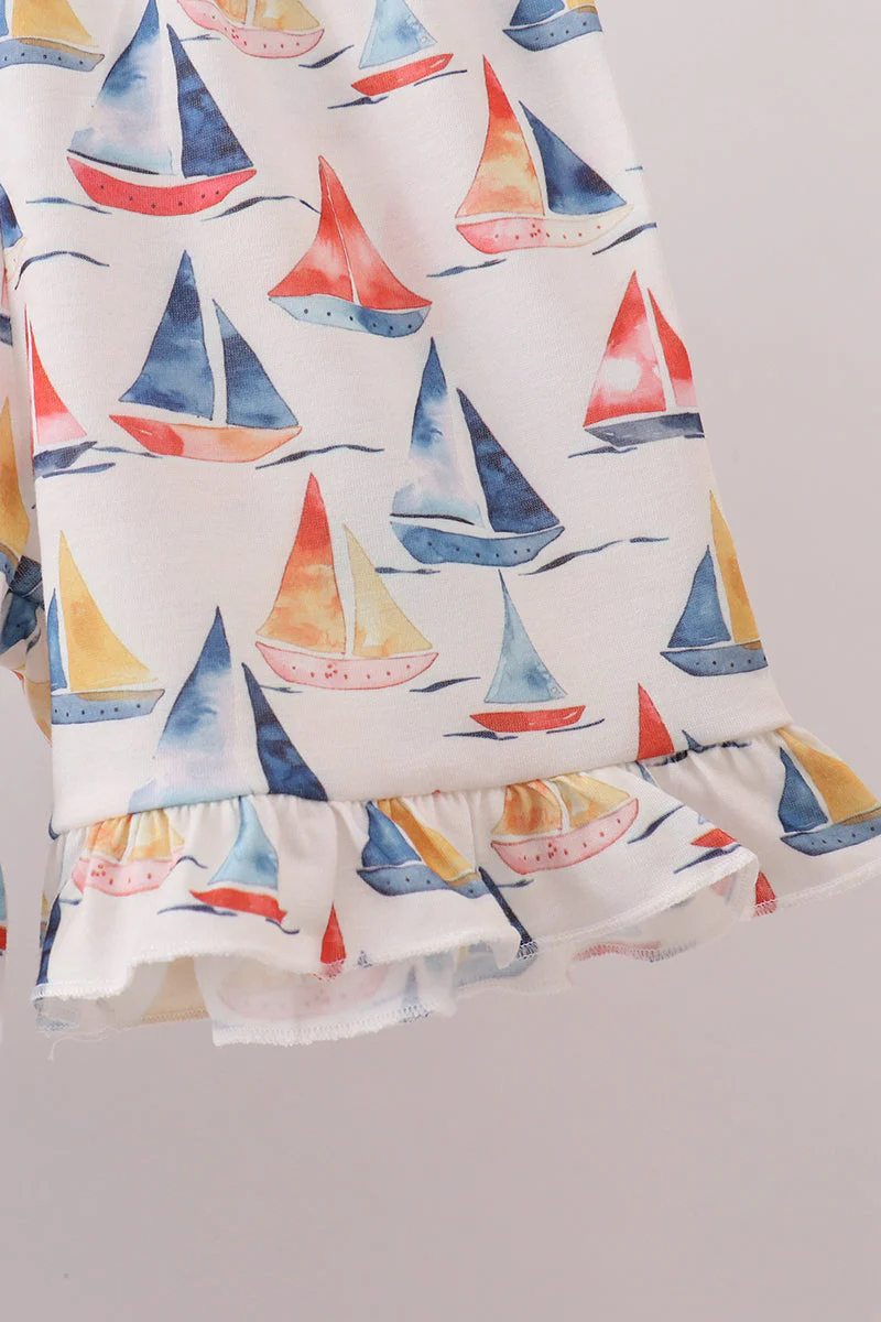 Blue Sailboat Smocked Ruffle Shorts Set - Image 4