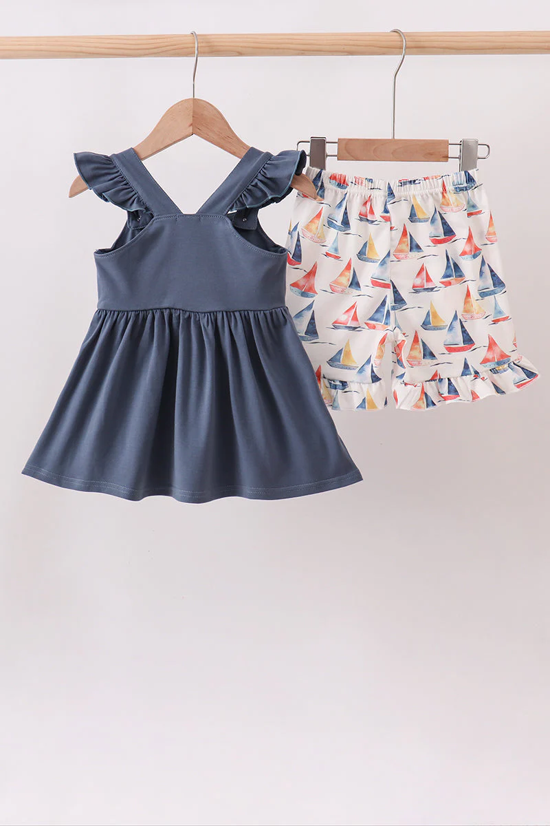 Blue Sailboat Smocked Ruffle Shorts Set - Image 5