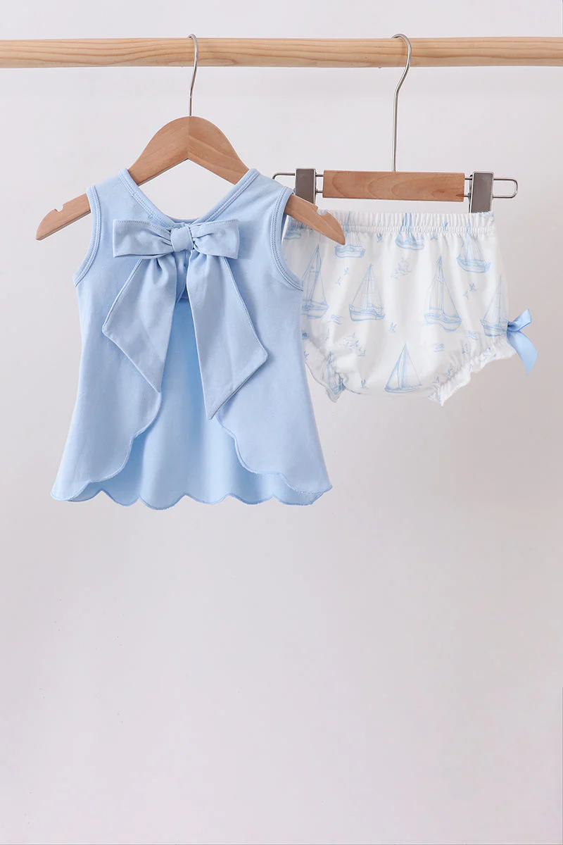 Blue Sailboat Smocked Scalloped Bloomer Set - Image 3
