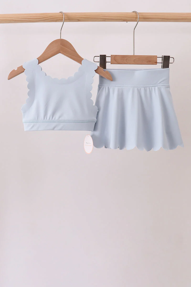 Blue Scalloped Yoga Skorts Set