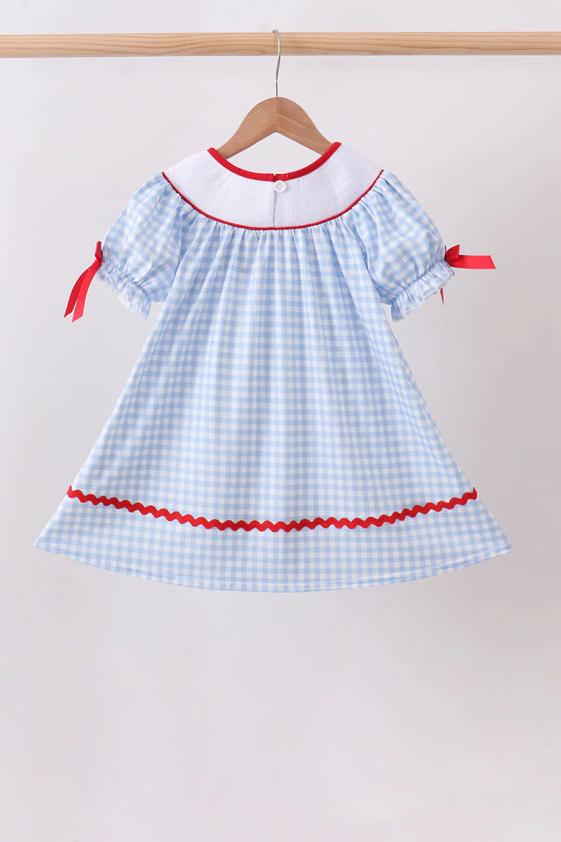 Blue School Bus Smocked Gingham Dress - Image 4