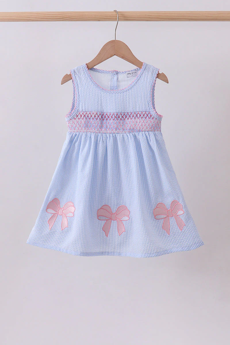 Blue seersucker bow smocked dress