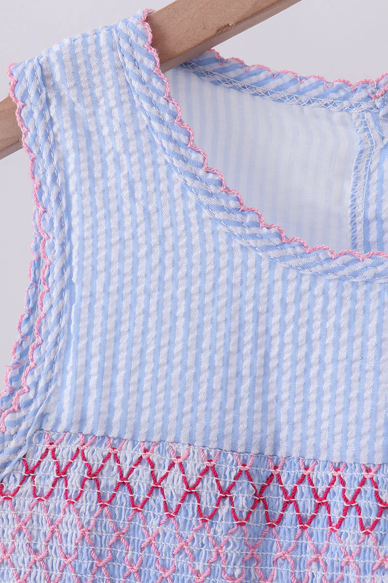 Blue seersucker bow smocked dress - Image 2