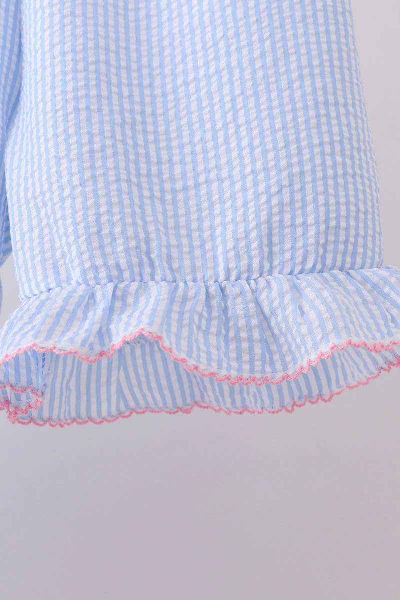 Blue seersucker bow smocked ruffle shorts set - Image 3