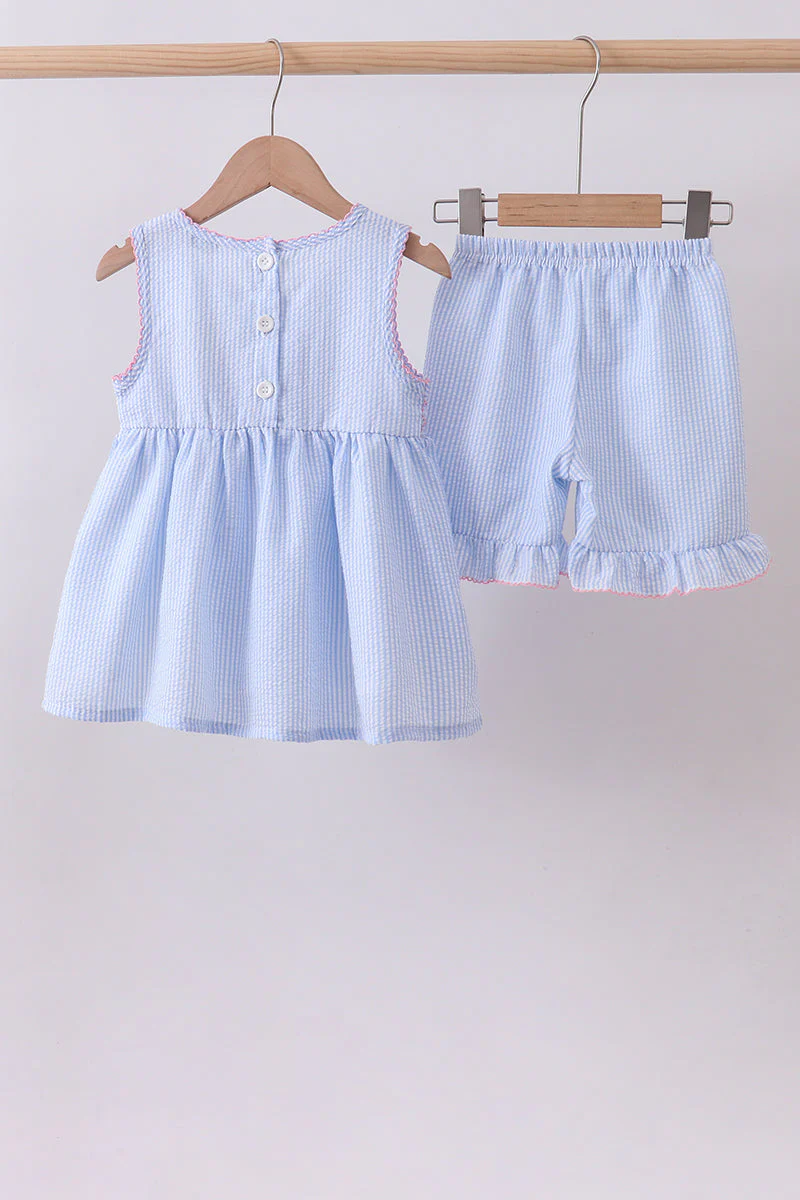 Blue seersucker bow smocked ruffle shorts set - Image 5