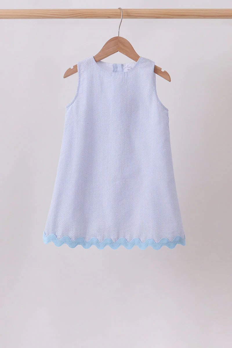 Blue Seersucker Stripe Scalloped Dress