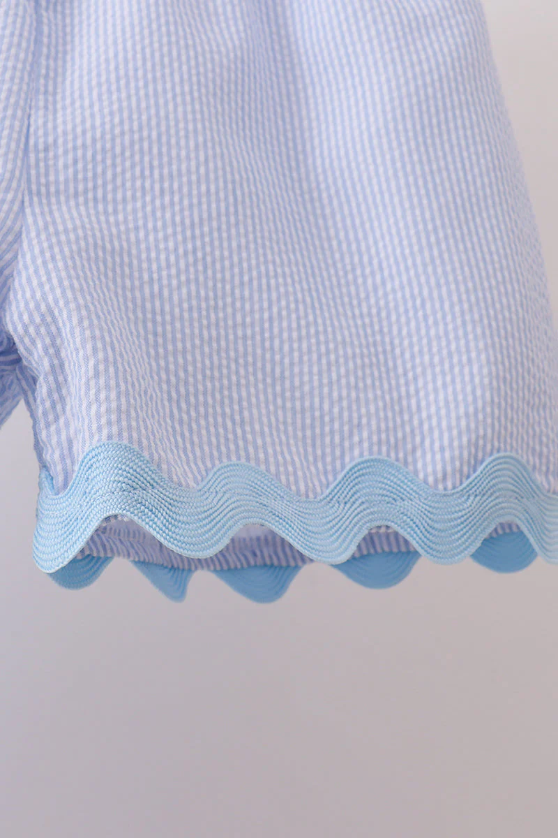 Blue Seersucker Stripe Scalloped Shorts Set - Image 3