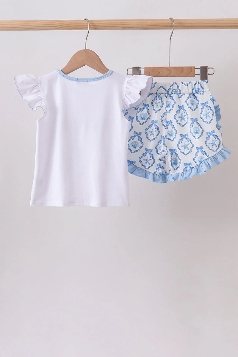 Blue Shells Embroidered Ruffle Shorts Set - Image 5