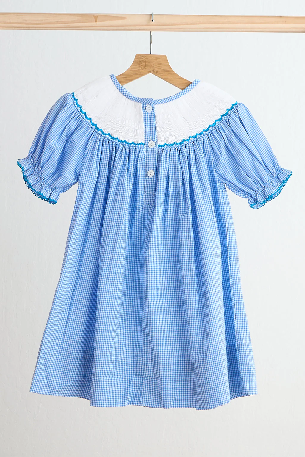 Blue snow princess hand smocked gingham dress - Image 6