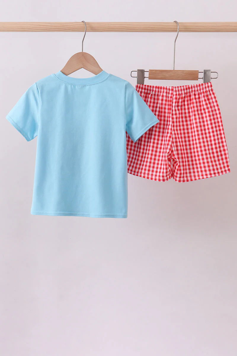 Blue strawberry applique gingham shorts set - Image 4