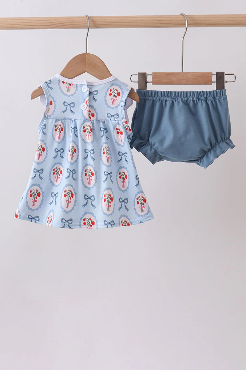 Blue strawberry bow embroidery bloomer set - Image 5