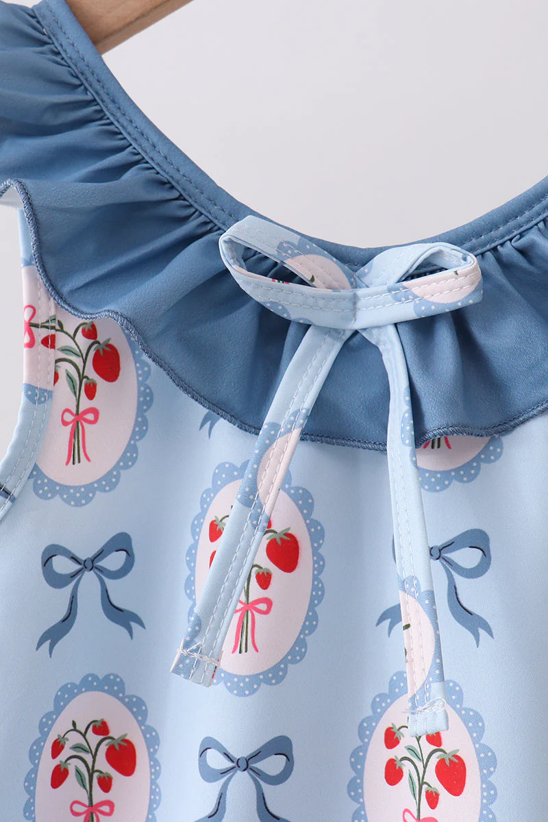 Blue strawberry bow ruffle one-piece swimsuit - Image 2