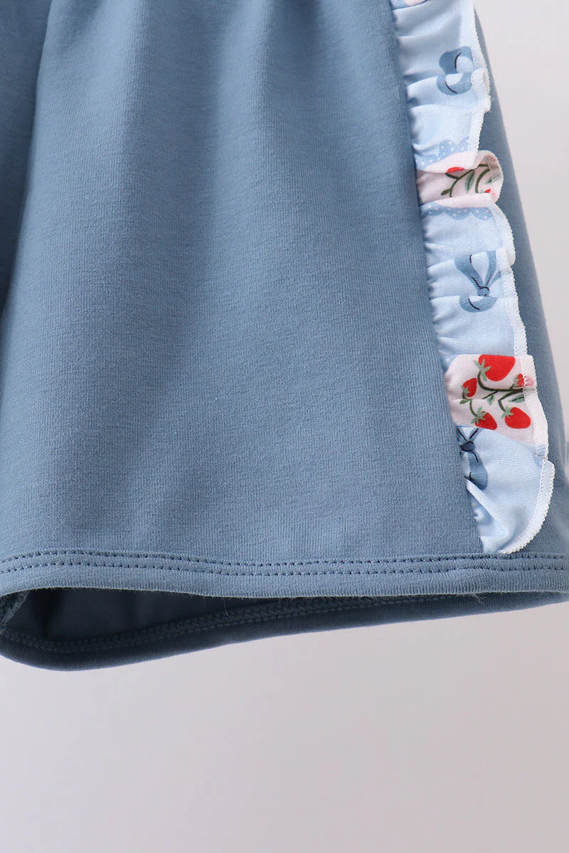 Blue strawberry bow ruffle shorts set - Image 3