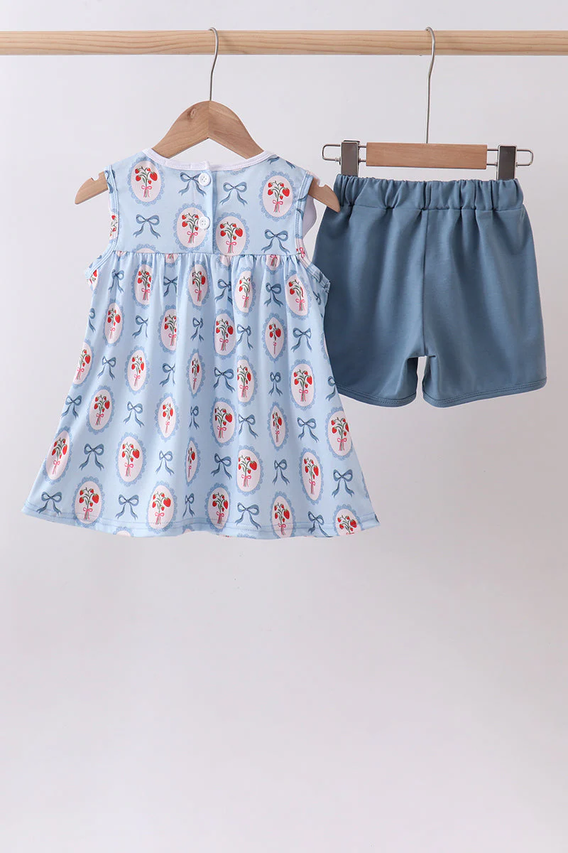 Blue strawberry bow ruffle shorts set - Image 5