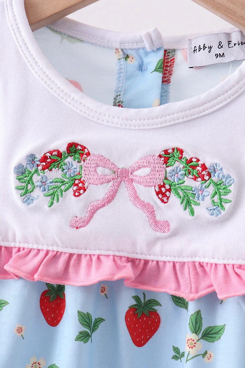 Blue Strawberry Embroidered Bow Bloomer Set - Image 2