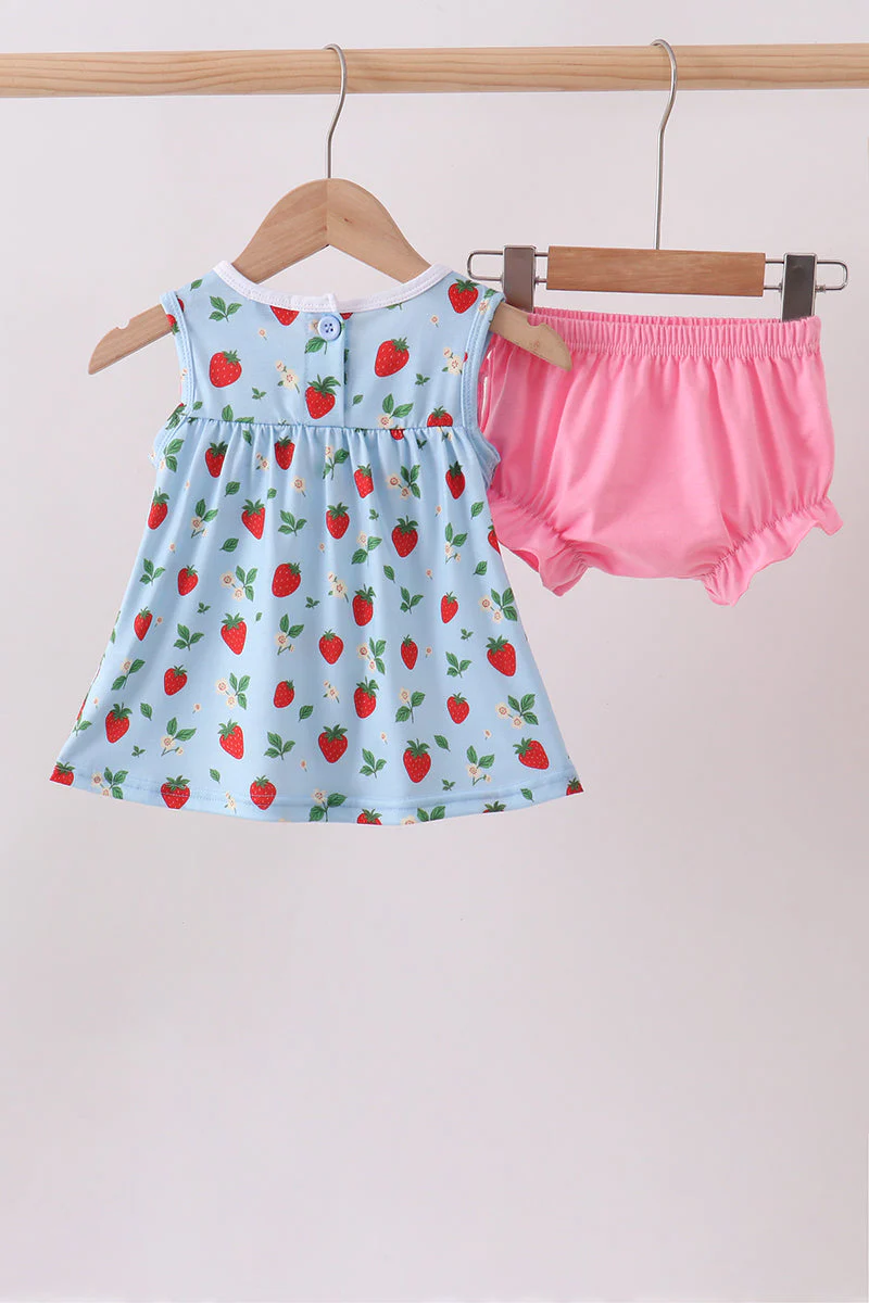 Blue Strawberry Embroidered Bow Bloomer Set - Image 4