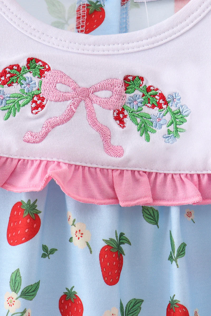 Blue Strawberry Embroidered Ruffle Bow Bubble - Image 2