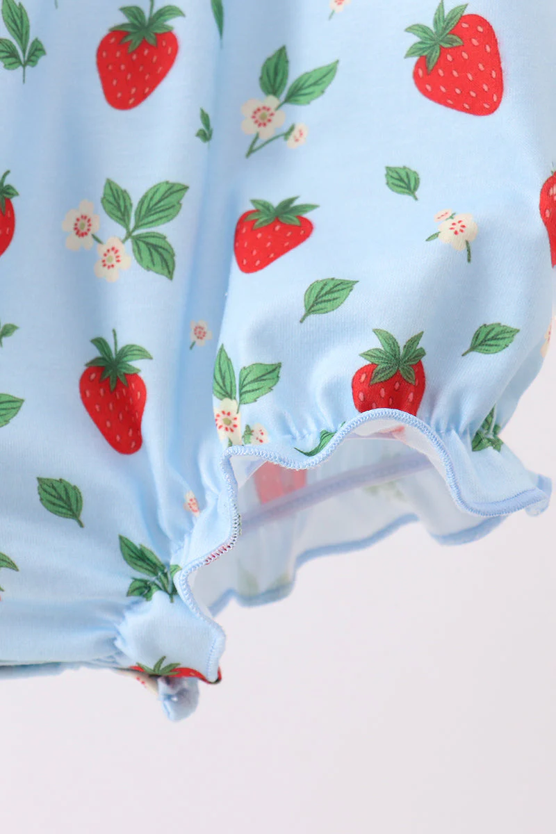 Blue Strawberry Embroidered Ruffle Bow Bubble - Image 3